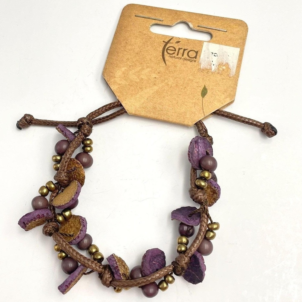 Terra Natural Designs Purple Acai Seed Wood Beaded Bracelet Adjustable Boho NWT